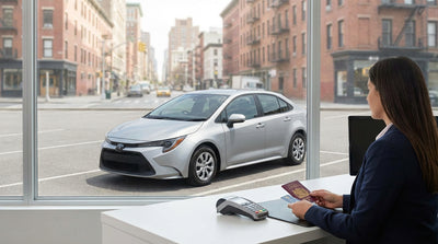 A yellow cab and car hire vehicles driving through the bright, bustling streets of Times Square in New York
