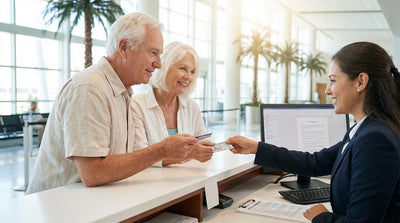 An older couple stands by their convertible car rental on a sunny, palm-lined road in Florida