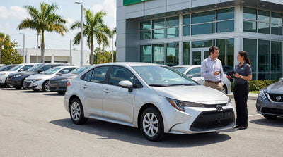 A diverse selection of vehicles at an Orlando car rental location under a clear blue sky