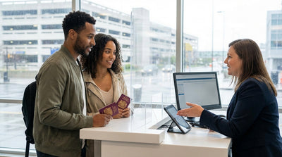 Driver's view from a car rental driving on a busy street in New York City with skyscrapers in the background