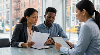A car rental driving down a bustling New York City street alongside iconic yellow taxi cabs