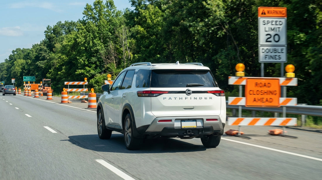 A car hire drives through a highway work zone with orange safety cones and speed limit signs in Pennsylvania