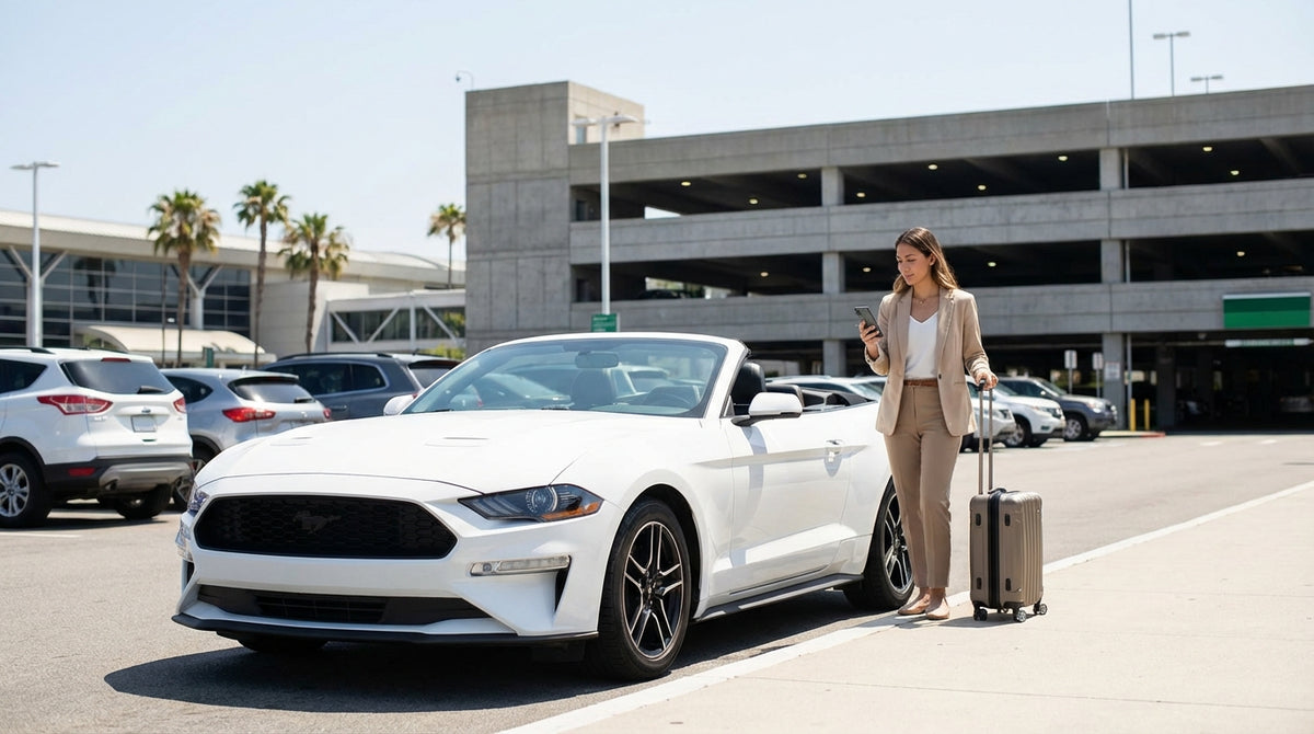 A convertible car hire drives down a road lined with palm trees on a sunny day in Los Angeles