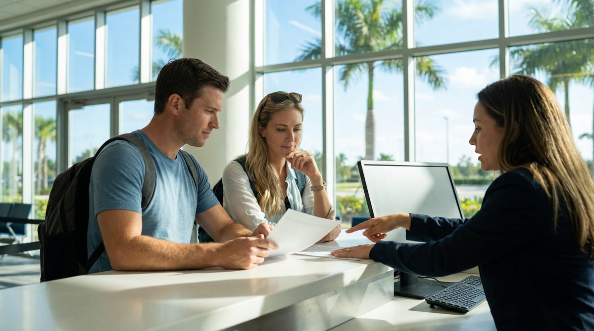 A modern white car rental drives down a scenic highway lined with palm trees in Florida