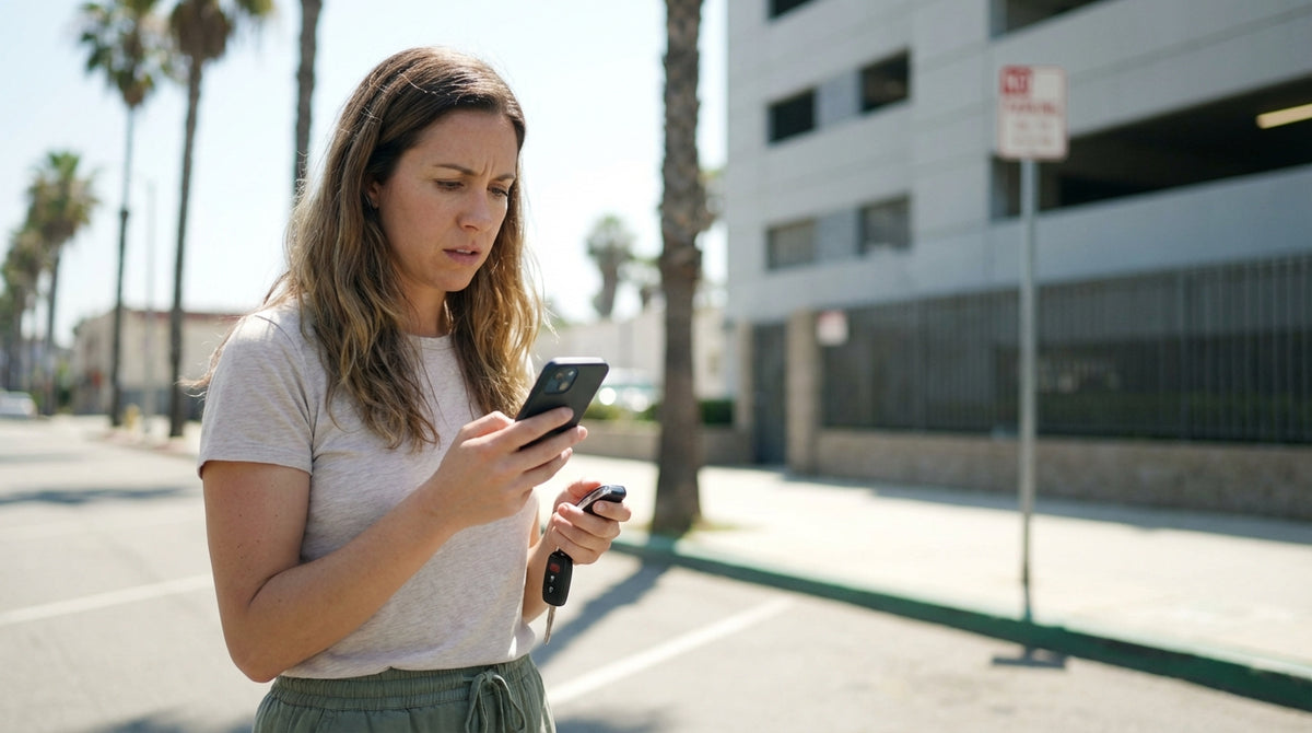 A tow truck operator hooking up a modern car hire vehicle in a private Los Angeles parking lot