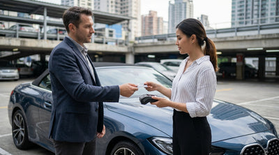A traveler at a New York airport hands over a credit card at the car hire desk