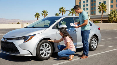 A red convertible car rental driving down the Las Vegas Strip at night, illuminated by glowing neon casino signs