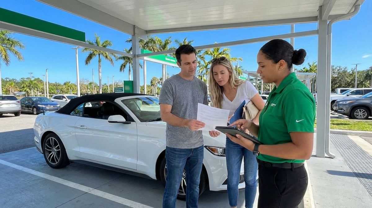 A white convertible car hire driving along a sunny coastal road in Florida with palm trees and a blue ocean