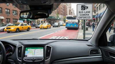 A car hire drives in busy New York City traffic alongside a dedicated red bus lane