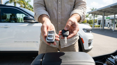 A hand holding a car key fob with a modern car rental vehicle parked on a sunny street in Miami