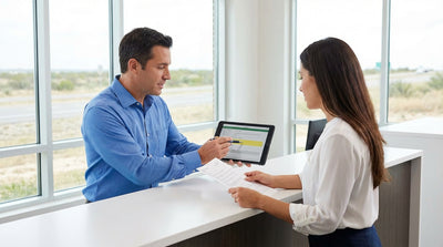 A modern SUV car hire parked on a scenic road with the vast Texas hill country in the background