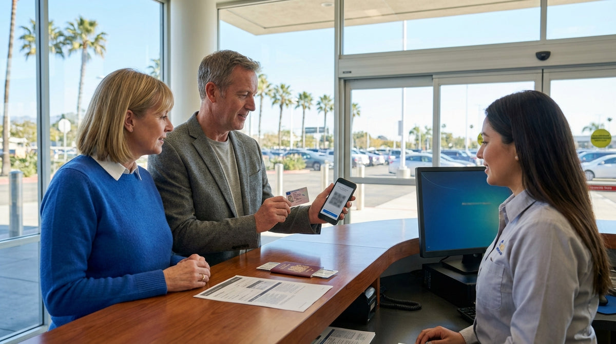 A red convertible car hire driving along a sunny, winding coastal road in California