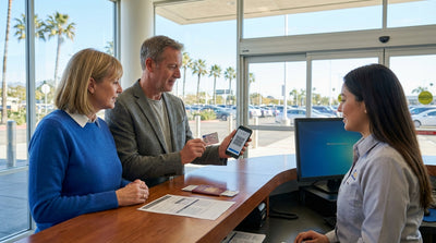 A red convertible car hire driving along a sunny, winding coastal road in California
