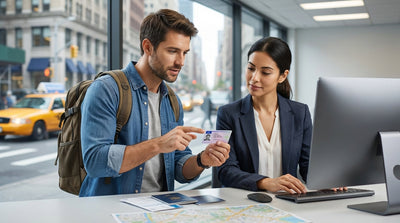 A car from a car rental driving across the Brooklyn Bridge towards the iconic New York City skyline
