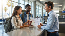 Person presenting a translated driving license to an agent at a Los Angeles car rental counter