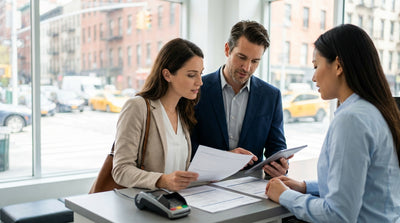 A modern car hire driving alongside a yellow taxi through the busy streets of New York City