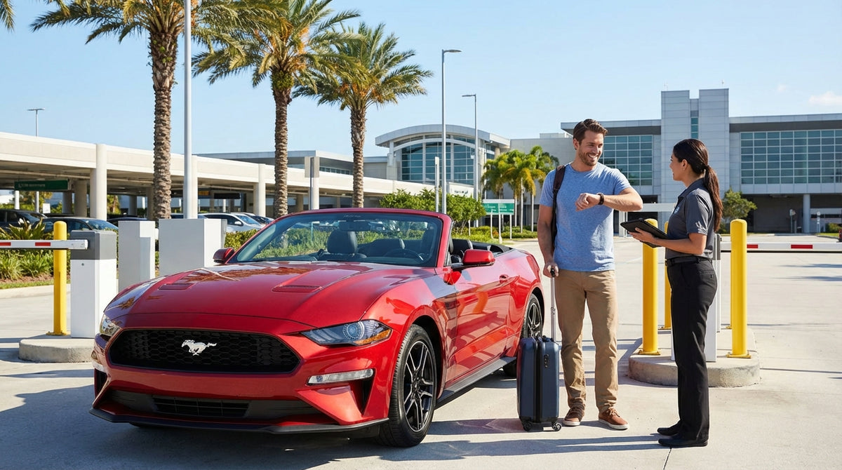 Travelers with luggage at a car rental counter inside the busy Orlando International Airport