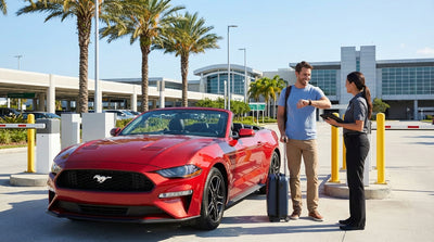 Travelers with luggage at a car rental counter inside the busy Orlando International Airport