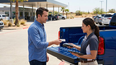 A person's hand holding a credit card at a car hire counter in a Texas airport lobby