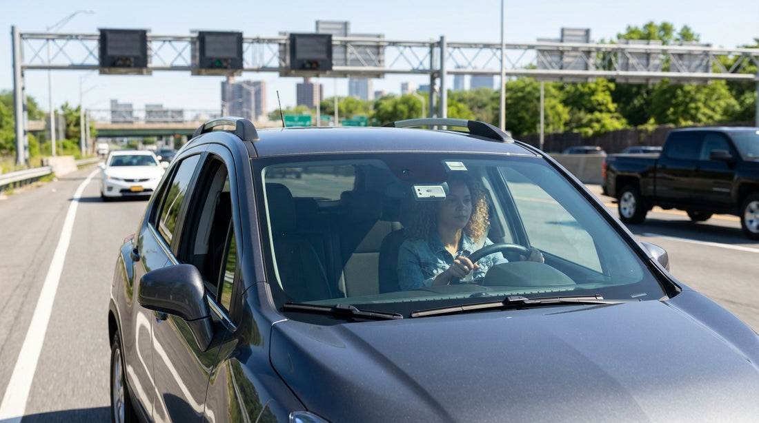 A car rental drives on a highway towards the New York City skyline and an electronic toll gantry
