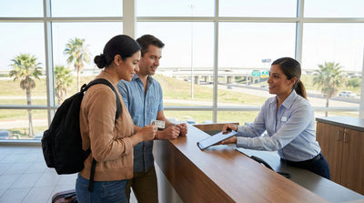 A man hands over his license to an agent at a car hire counter in a modern Texas airport