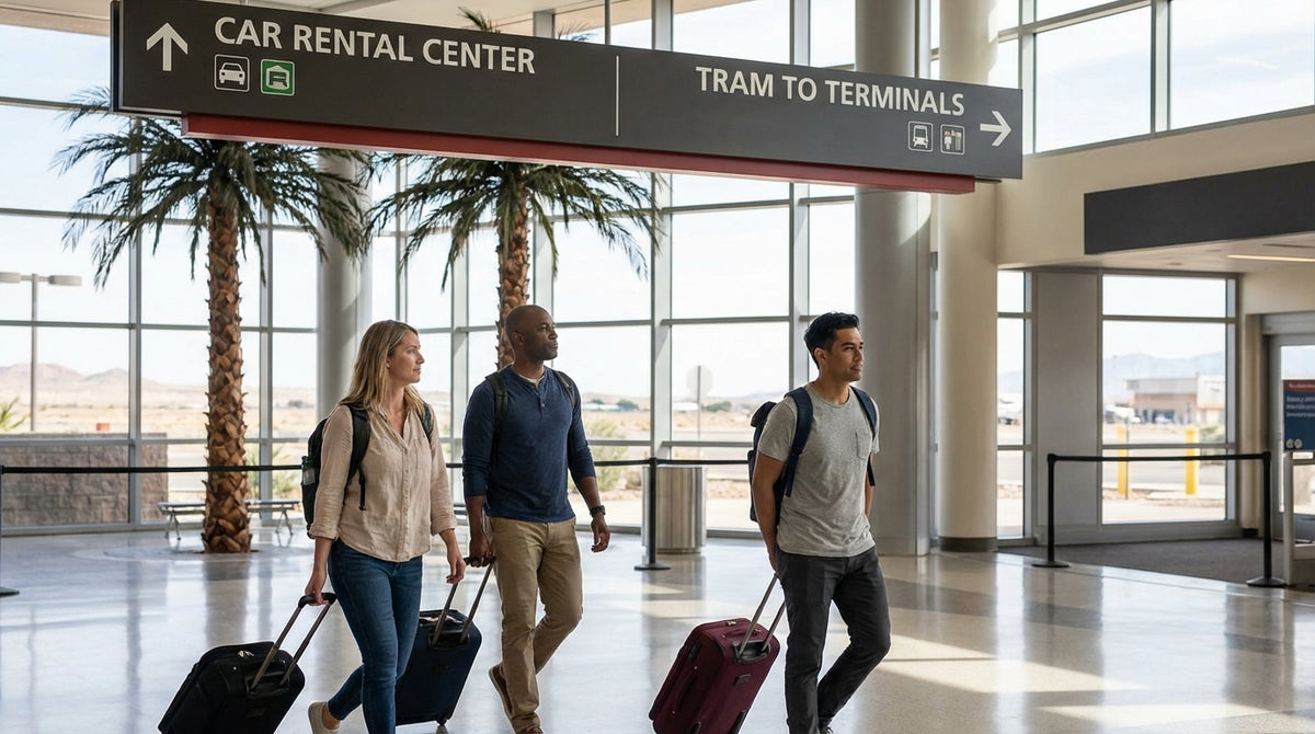 A traveler with luggage follows an overhead sign for car hire inside the busy Las Vegas airport terminal