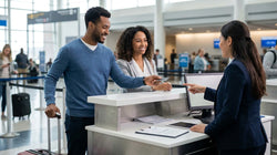 Man handing a credit card to an agent at a car rental counter in the United Estates
