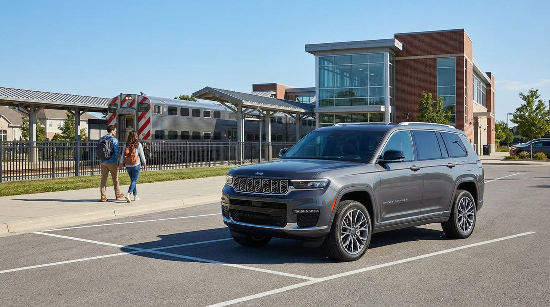 A modern car hire parked in a sunny commuter lot at a Metro-North train station in New York