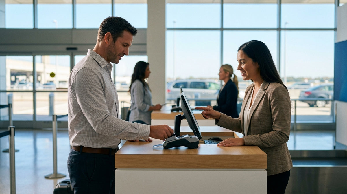 A red convertible car rental parked on a scenic overlook in the mountains of the United Estates