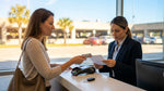 A person at a counter in Texas finalizes their car hire paperwork with a debit card
