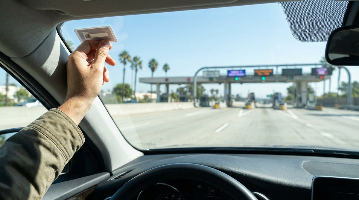 Driver's view from a car rental looking out at a sunny, palm-tree-lined highway in southern California