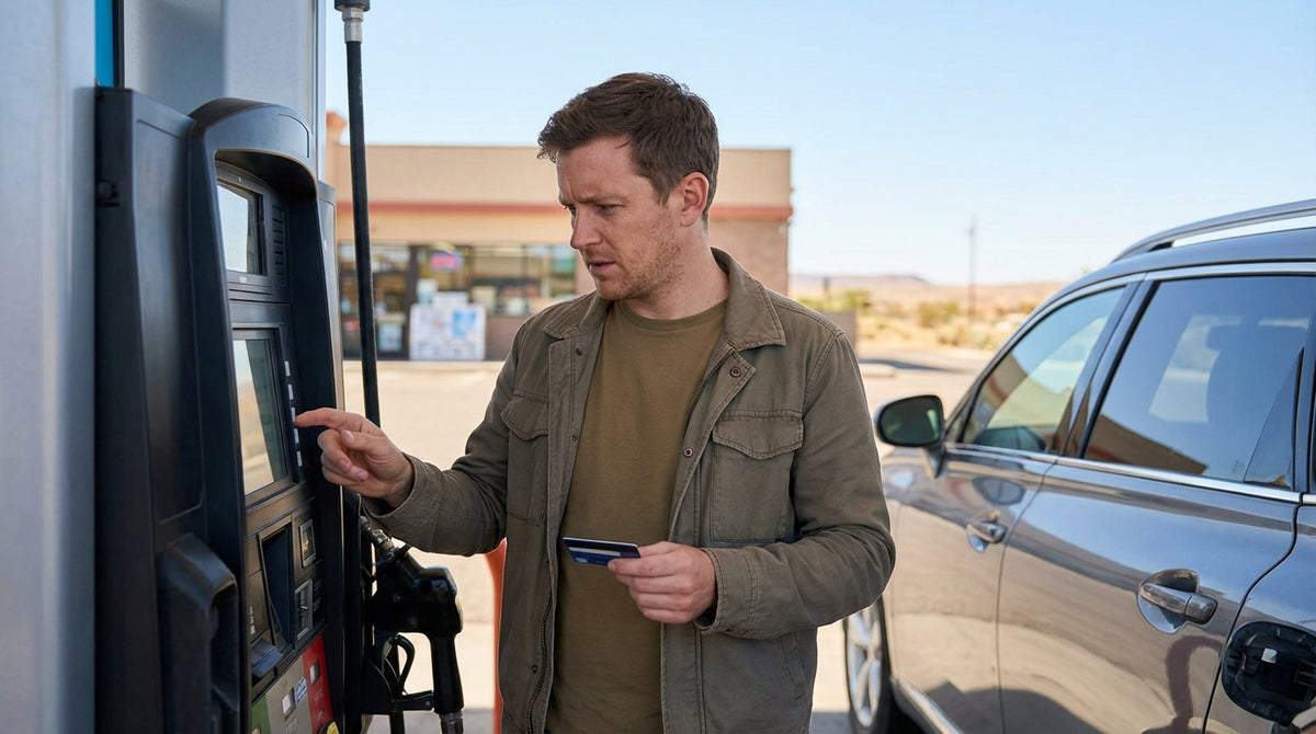 A driver refueling their car hire at a self-service gas station pump on a sunny day in Texas