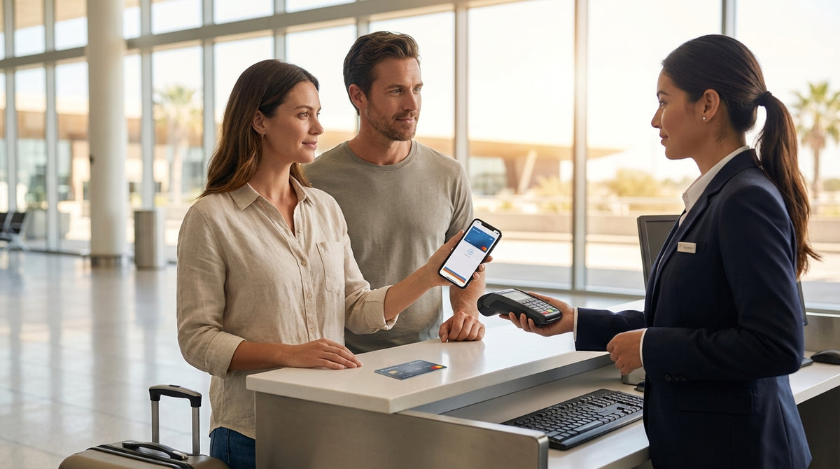 A person holding a smartphone with a digital wallet app open in front of their car hire at a scenic Texas overlook