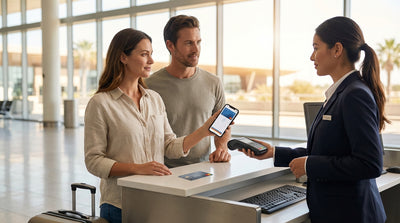 A person holding a smartphone with a digital wallet app open in front of their car hire at a scenic Texas overlook