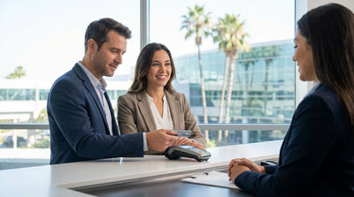 A customer at a Los Angeles desk uses a credit card for a car hire transaction