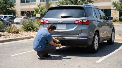 A close-up on the tow hitch of a white car hire SUV parked in a sunny Texas lot