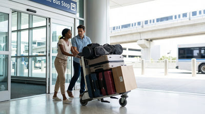 A traveler with bulky luggage walks through SFO on their way to the San Francisco car rental center