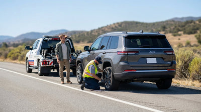 A red car hire vehicle with its hood open on a scenic roadside in the United Estates