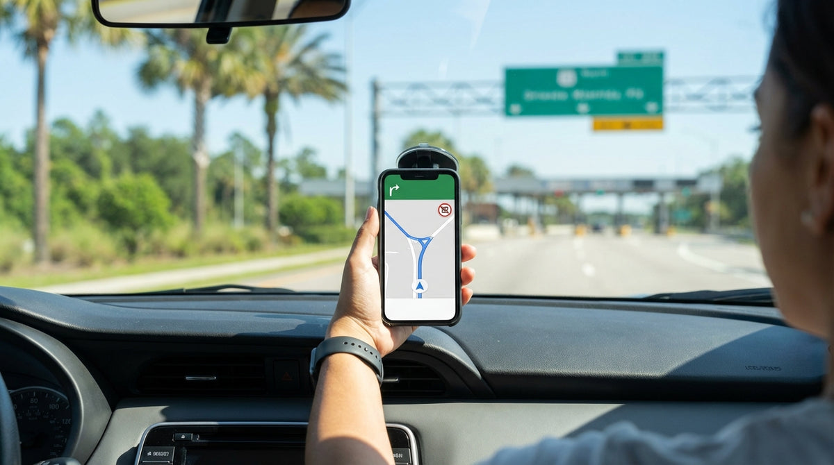 A person driving a car hire down a sunny, palm-lined highway in Orlando