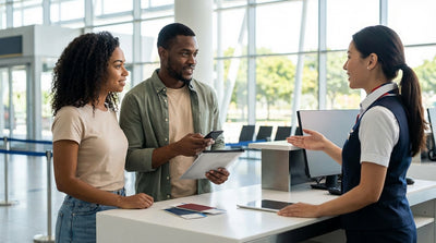 A smiling couple collecting their red convertible car hire under the sunny skies of Orlando