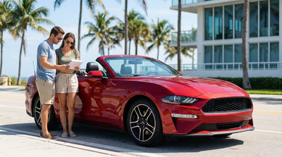 A white convertible car hire driving along a sunny, palm-lined coastal road in Florida