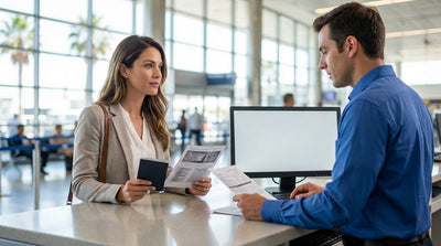 A person at a car rental desk at LAX in Los Angeles holding their passport and car keys