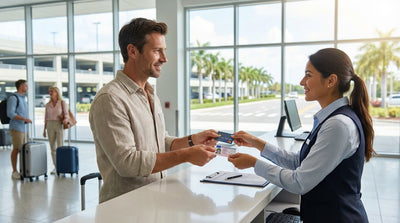 A white convertible car rental driving along a sunny coastal highway in Florida lined with palm trees