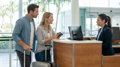 A convertible car rental driving on a palm-tree-lined coastal road in sunny Florida