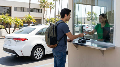 A modern car rental drives down a sunny, winding coastal highway in California overlooking the ocean