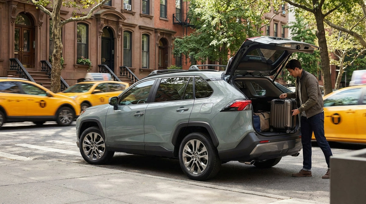 A person loads luggage into the trunk of a car hire parked on a busy street in New York City