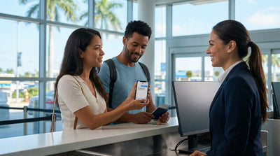A woman checks her phone for car hire verification next to a convertible on a palm-lined street in Miami