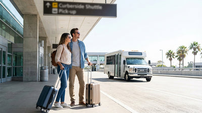 The shuttle bus for car rental services waiting for travelers at a Las Vegas Airport terminal curb