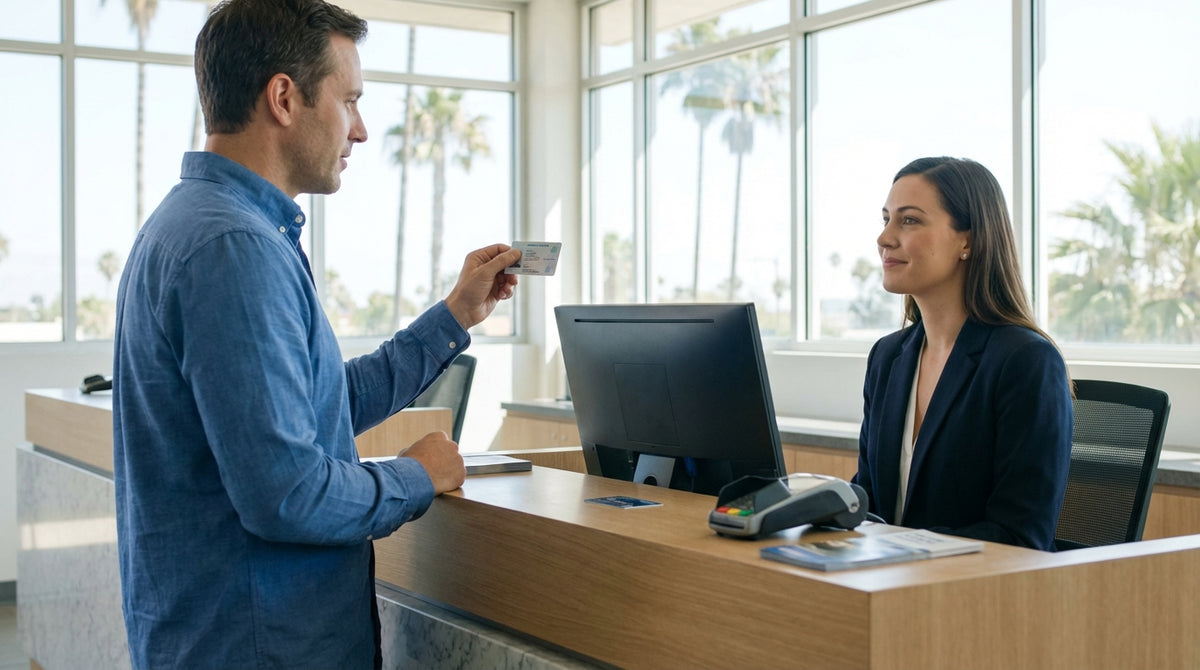 A red convertible car rental driving along a sunny, winding coastal highway in California