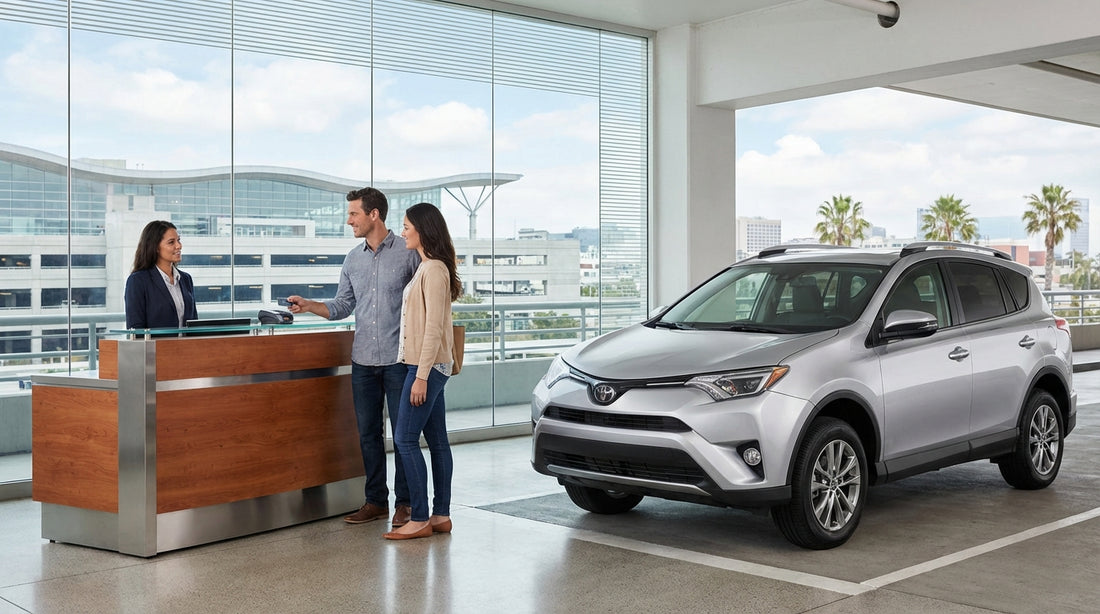 A modern car rental parked on a hill with the San Francisco Golden Gate Bridge in the background